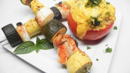 Mamita’s Mojito Scallop Kabobs with Stuffed Tomatoes