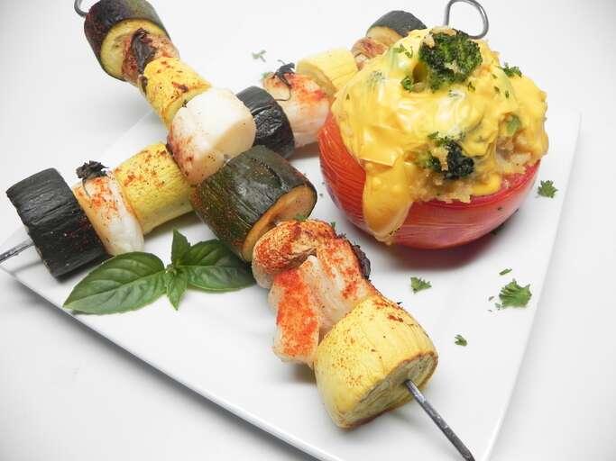 Mamita’s Mojito Scallop Kabobs with Stuffed Tomatoes